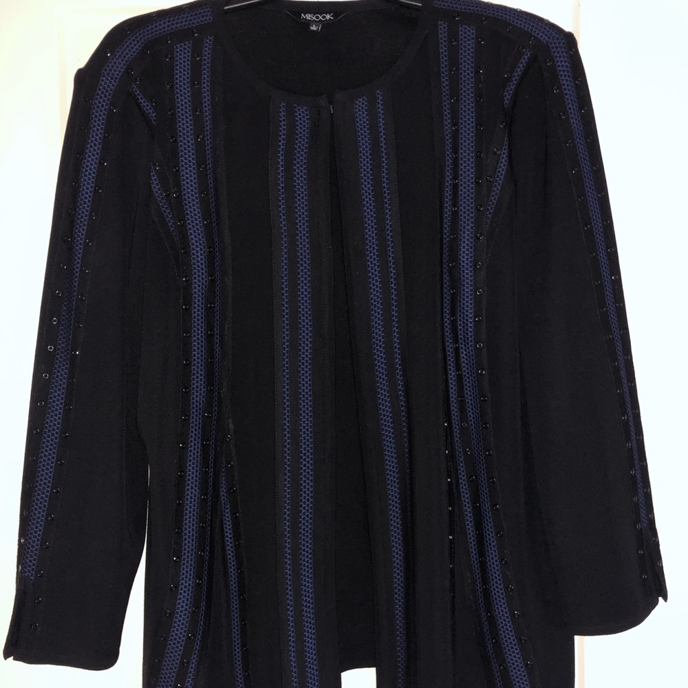 Misook black and blue jacket with metal trim.